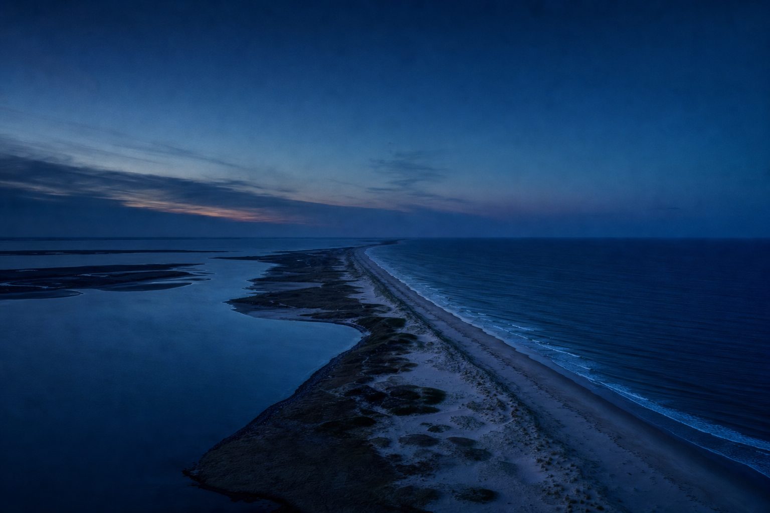 A barrier island at blue hour, ocean on one side and a quiet bay on the other